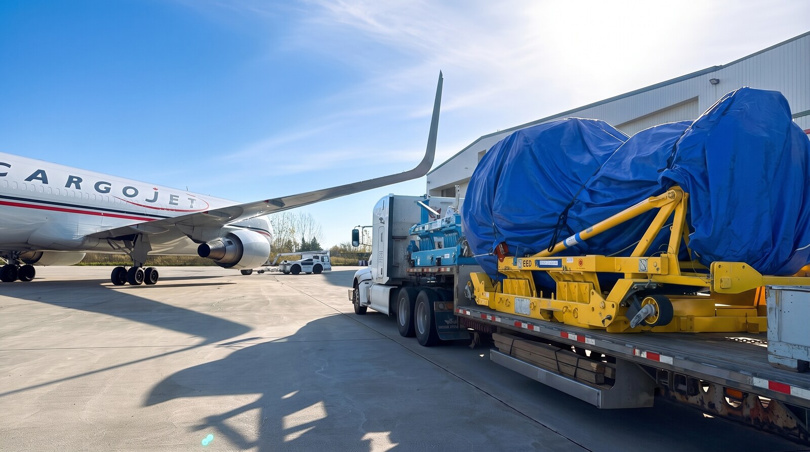 Réacteur sur plateau à côté d’un 767 de Cargojet