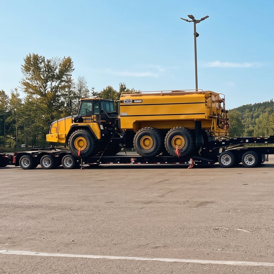 Tombereau articulé Cat chargé sur une remorque lowboy multi-essieux