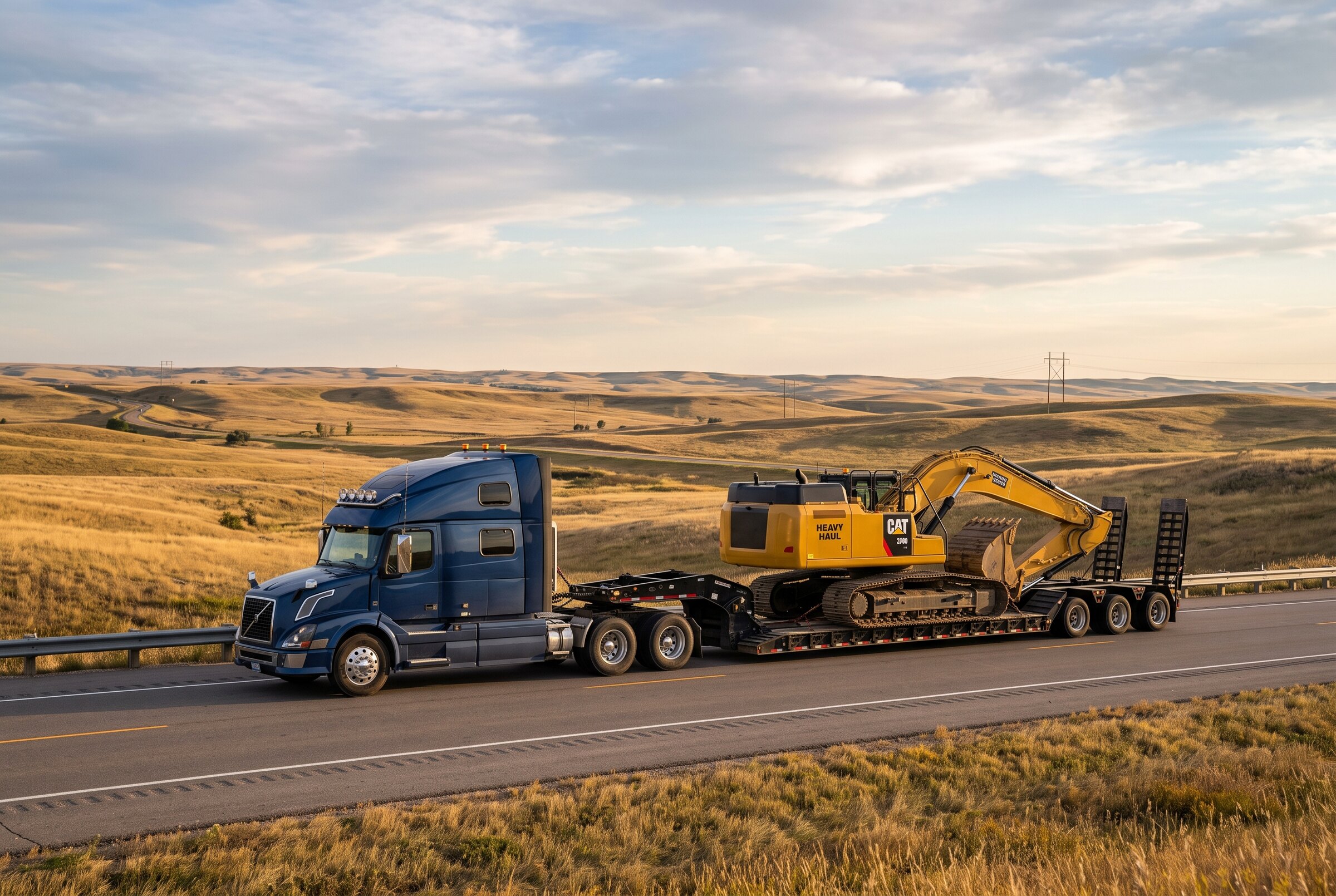 Heavy-haul truck carrying an oversized load through open prairie